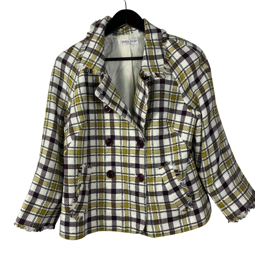 Pendleton Plaid Peacoat Women's Wool Blend Jacket Lined Yellow Burgundy Check